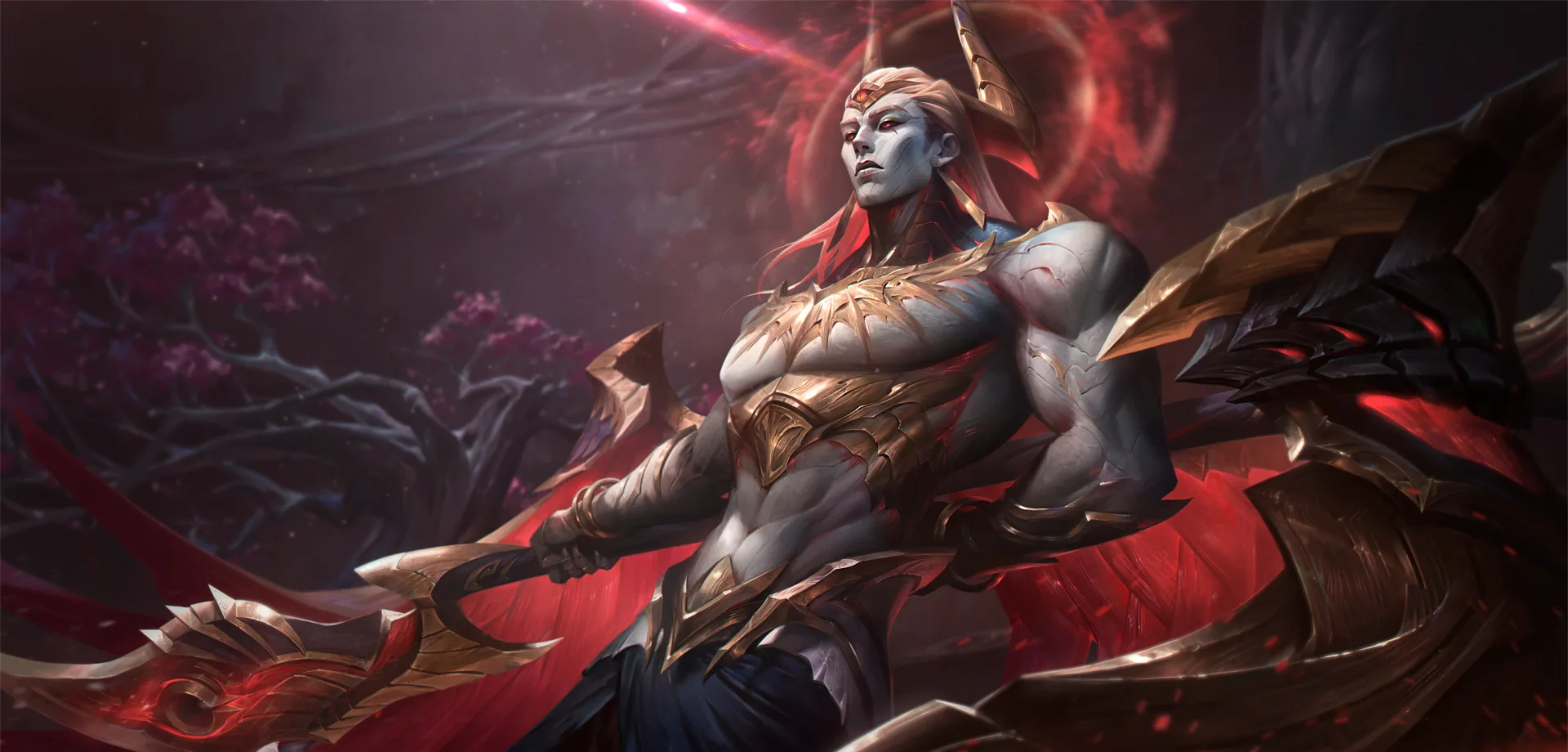 Novo Campeão Zaahen de League of Legends em pose segurando sua Glaive com uma das mãos nas costas e ao fundo uma árvore com folhas roxas.