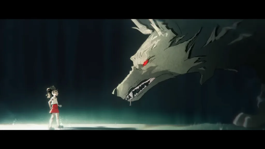 Vendetta quando criança de frente a um lobo gigante em visão durante luta.