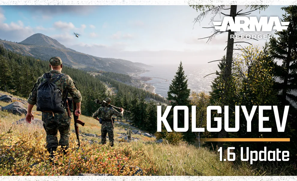 Soldados descem um morro com vista para uma floresta, montanhas, mar e um helicóptero. Logo de Arma Reforger e dizeres de Kolguyev atualização 1.6