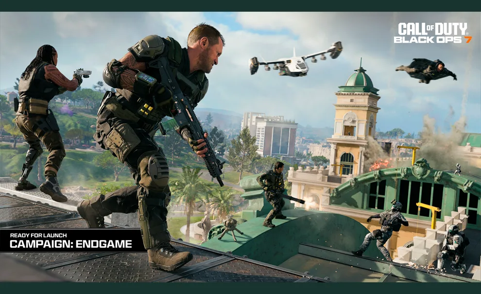 Imagem de Call of Duty Black Ops 7 com personagens em Avalon durante o Endgame da Campanha.