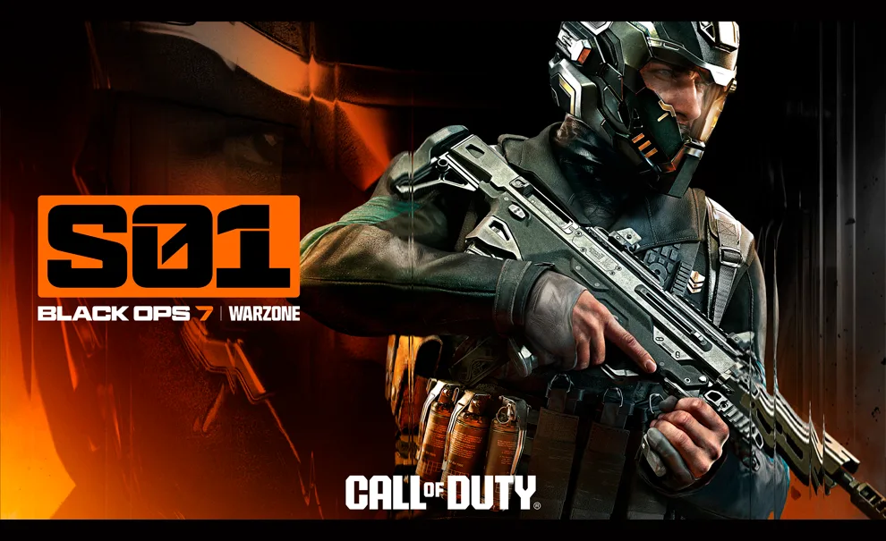 Call of Duty: Black Ops 7 e a Temporada 1 de todos os modos representados com um soldado com estilo futurista, capacete, e um fundo laranja e preto juntamente com um foco em seu olhar.