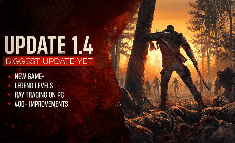 Imagem mostrando a Atualização 1.4 e algumas de suas melhorias, além da imagem do protagonista de Dying Light: The Beast envolto de corpos de zumbis e olhando pra outra turba se aproximando rapidamente.