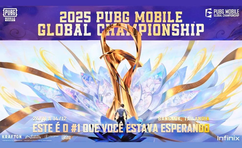 PUBG Mobile Global Championship 2025 com personagem clássico com capacete de frente para troféu e logo atrás uma flor grandiosa e em suas pétalas fotos de jogadores.