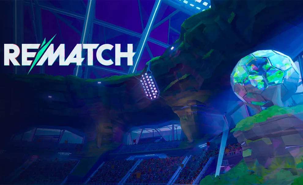 Fundo com arquibancada em rocha, tipo cavernas, com globo de luz em formato de bolo de futebol com a logo de Rematch à frente.