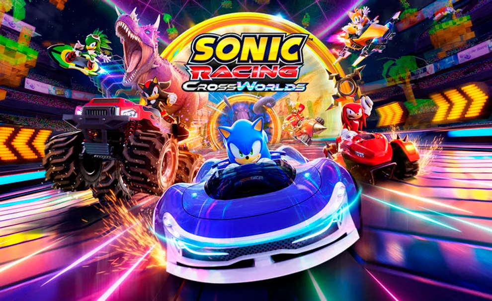 Capa de Sonic Racing CrossWorls com Sonic na frente em seu carro azul acompanhado de vários personagens conhecidos da franquia.