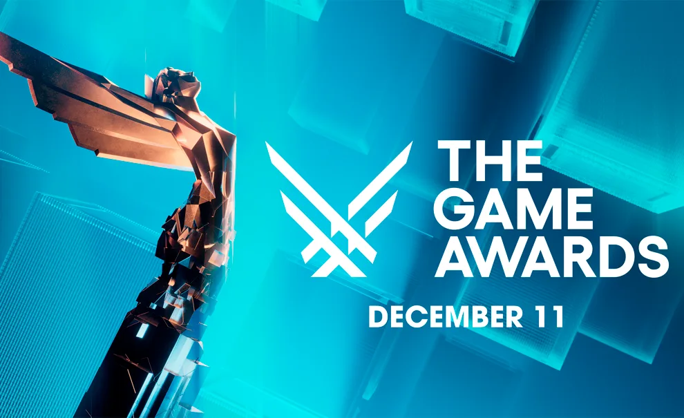 Fundo Azul com quadrados estilizados, estatueta da TGA The Game Awards 2025 e a data de 11 de Dezembro.