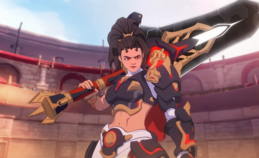 Nova Personagem Vendetta segurando uma espada grande pousada em seu ombro direito, com cabelo preso em um rabo de cavalo e dentro do Colosseo de Overwatch 2.