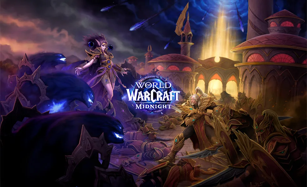 Personagens se enfrentam em constraste de escuridão e luz em World of Warcraft Midnight.