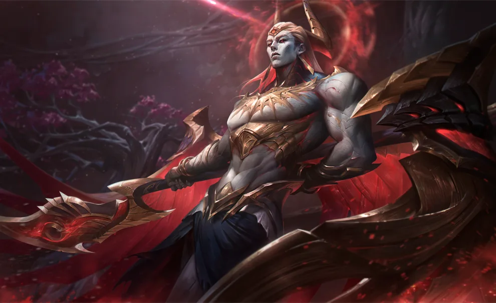 Novo Campeão Zaahen de League of Legends em pose segurando sua Glaive com uma das mãos nas costas e ao fundo uma árvore com folhas roxas.