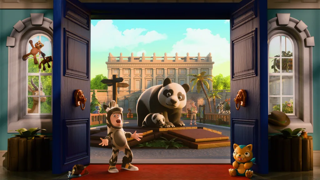 Imagem de um membro do museu vestido de zebra em frente a uma porta aberta mostrando um panda adulto e um filhote e vários detalhes mostrando animais diferentes por toda cena.