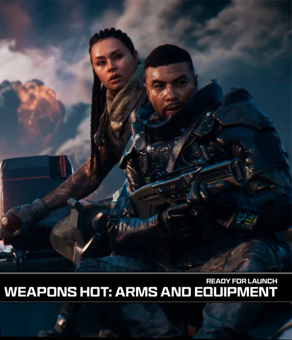 Personagens principais de Call of Duty Black Ops 7 em uma embarcação motorizada e equipados e frase em inglês falando sobre Armamento e Equipamento.