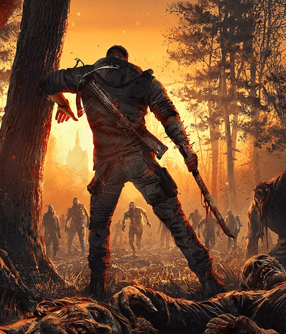 Imagem mostrando a Atualização 1.4 e algumas de suas melhorias, além da imagem do protagonista de Dying Light: The Beast envolto de corpos de zumbis e olhando pra outra turba se aproximando rapidamente.