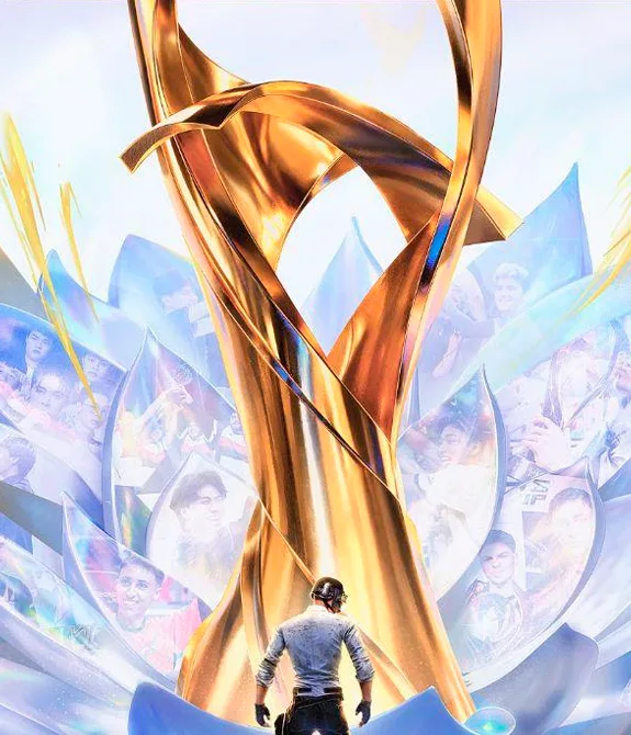 PUBG Mobile Global Championship 2025 com personagem clássico com capacete de frente para troféu e logo atrás uma flor grandiosa e em suas pétalas fotos de jogadores.