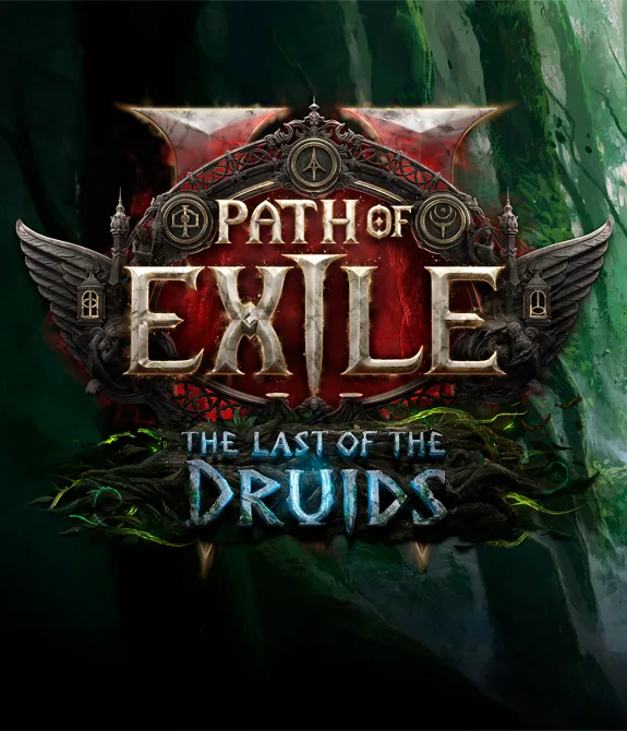 Na esquerda Logo de Path of Exile 3: The Last of the Druids e a direita, um druida ao lado de um lobo em meio a floresta.