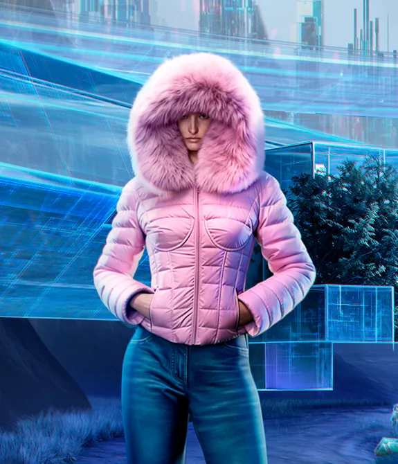 Personagem principal de PUBG sentado no meio com outras 4 pessoas e suas roupas da Balenciaga em volta em um cenário com cubos cirtuais funcionando como apoio, além das escritas, Balenciaga, PUBG Battlegrounds e PUBG Mobile. Em destaque uma mulher com uma blusa rosa de frio da Balenciaga.