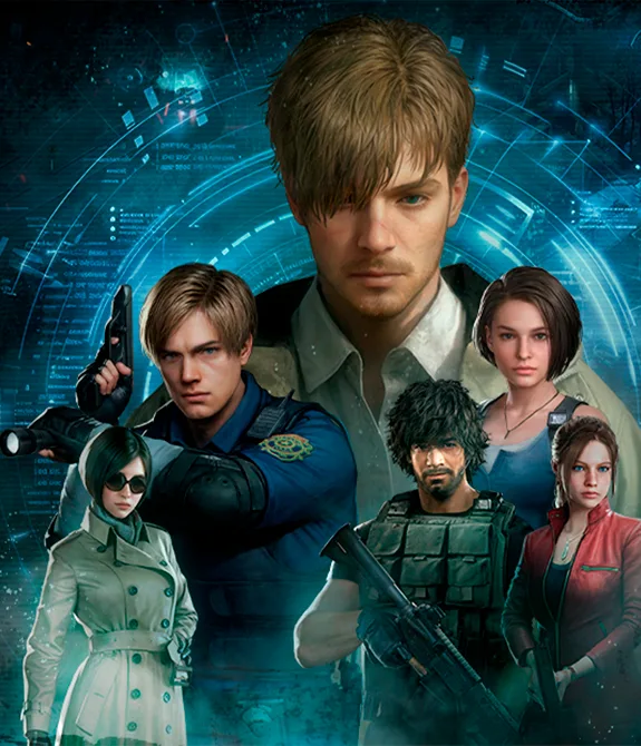 Imagem de Resident Evil Survival Unit mostrando a marca de 1 milhão de downloads cumulativos e com as personagens "O Operativo", Leon S. Kennedy, Jill Valentine, Ada Wong, Carlos Oliveira e Claire Redfield.