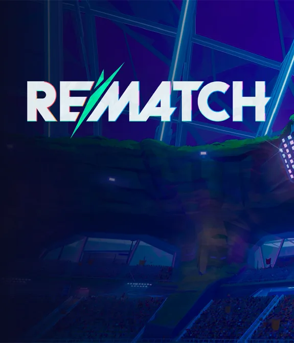 Fundo com arquibancada em rocha, tipo cavernas, com globo de luz em formato de bolo de futebol com a logo de Rematch à frente.