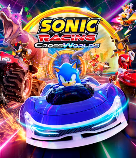 Capa de Sonic Racing CrossWorls com Sonic na frente em seu carro azul acompanhado de vários personagens conhecidos da franquia.