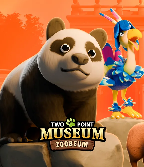 Uma ave um panda e uma capivara em cima de pedras. Ao fundo uma entrada de um museu e à direita a logo de Two Point Museum Zooseum.