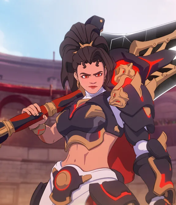 Nova Personagem Vendetta segurando uma espada grande pousada em seu ombro direito, com cabelo preso em um rabo de cavalo e dentro do Colosseo de Overwatch 2.