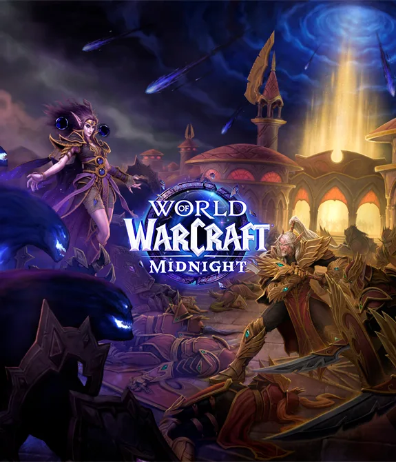 Personagens se enfrentam em constraste de escuridão e luz em World of Warcraft Midnight.