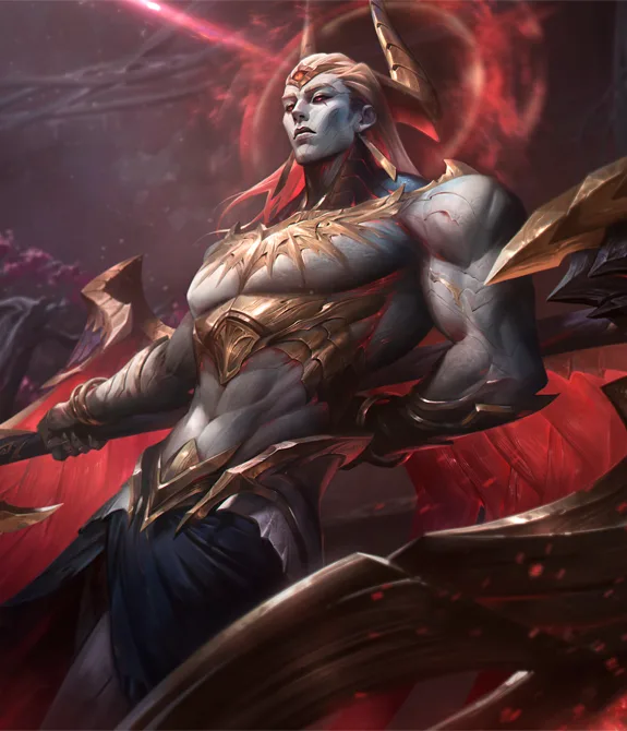 Novo Campeão Zaahen de League of Legends em pose segurando sua Glaive com uma das mãos nas costas e ao fundo uma árvore com folhas roxas.