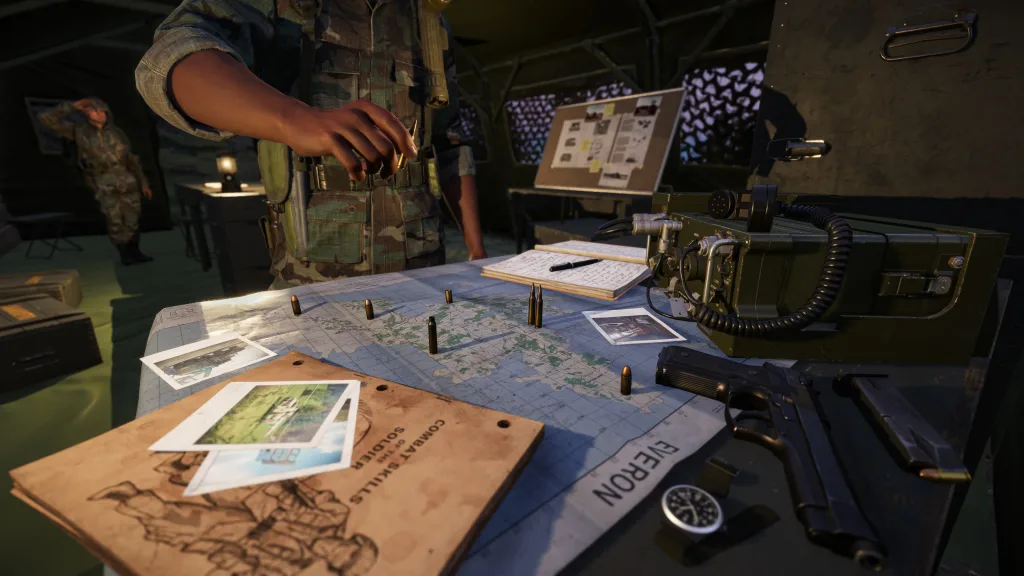 Soldado coloca capsulas de munição para montar estratégia no mapa de Everon.