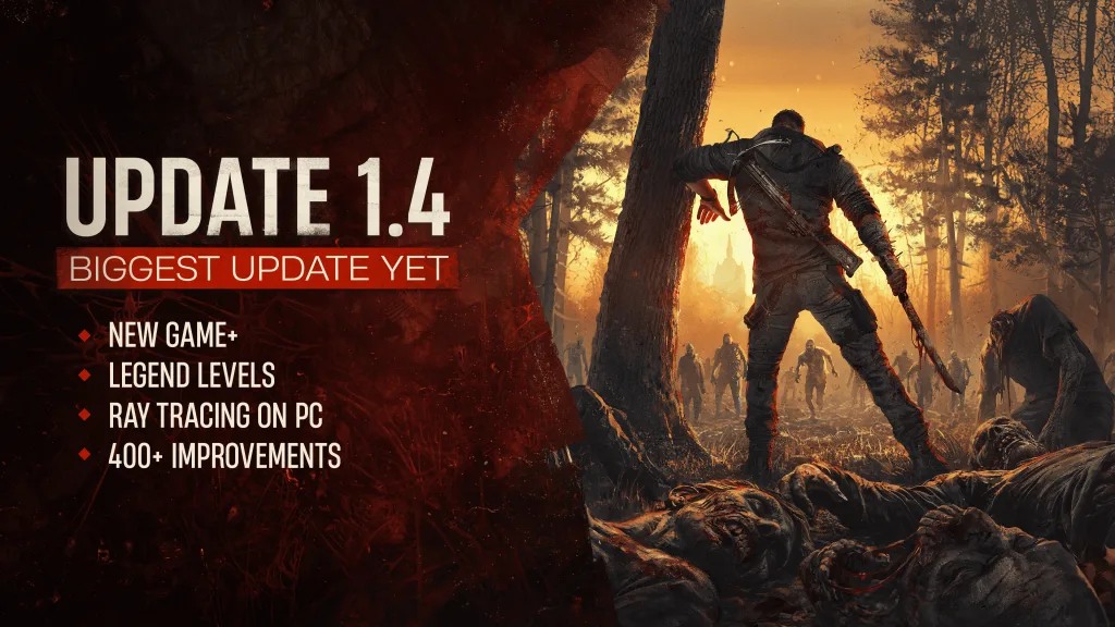 Imagem mostrando a Atualização 1.4 e algumas de suas melhorias, além da imagem do protagonista de Dying Light: The Beast envolto de corpos de zumbis e olhando pra outra turba se aproximando rapidamente.