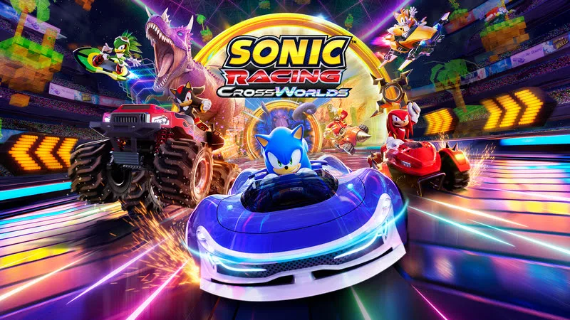 Capa de Sonic Racing CrossWorls com Sonic na frente em seu carro azul acompanhado de vários personagens conhecidos da franquia.