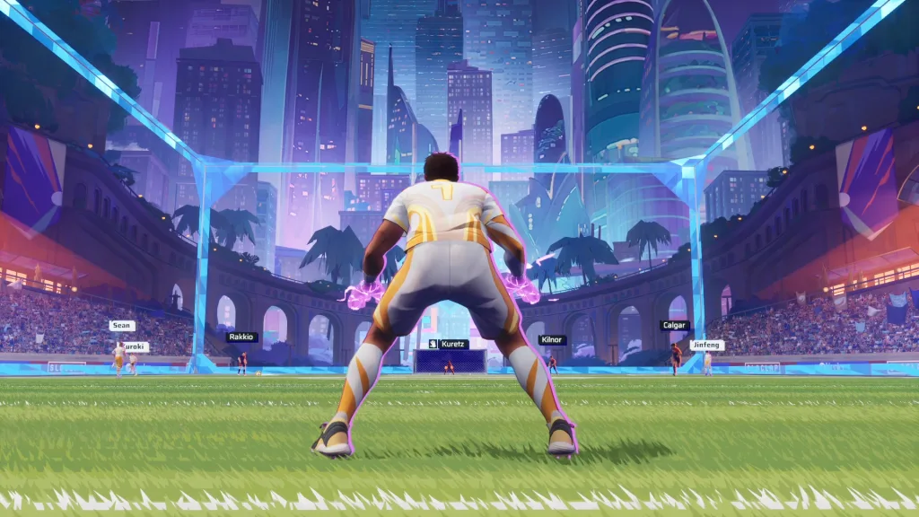 Visão do campo de futebol através de uma câmera por trás do goleiro em Rematch.