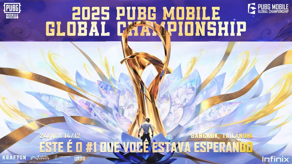 PUBG Mobile Global Championship 2025 com personagem clássico com capacete de frente para troféu e logo atrás uma flor grandiosa e em suas pétalas fotos de jogadores.