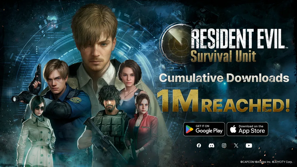Imagem de Resident Evil Survival Unit mostrando a marca de 1 milhão de downloads cumulativos e com as personagens "O Operativo", Leon S. Kennedy, Jill Valentine, Ada Wong, Carlos Oliveira e Claire Redfield.
