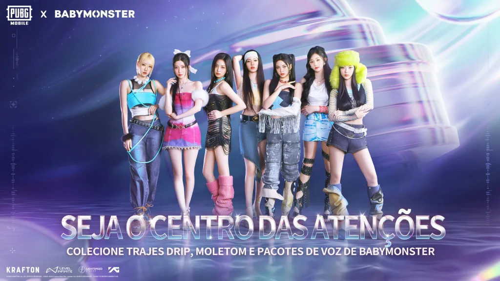 Grupo Babymonster em colaboração com PUBG Mobile. Na imagem grupo de K-Pop à frente e Ao fundo capacete icônico do jogo.