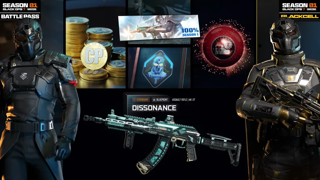 Imagem mostrando itens adquiridos ao completar o passe de batalha da temporada 1.