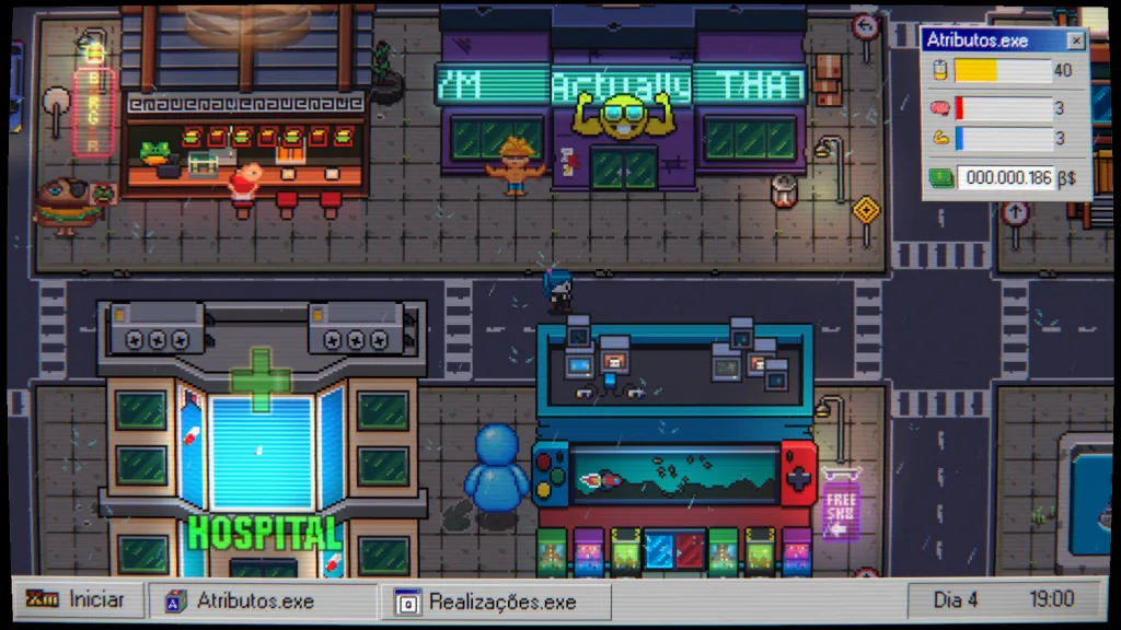 Tela de jogo onde personagem está caminhando na cidade de Something Meaningful.