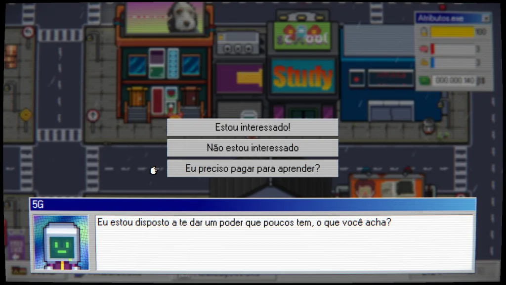 Diálogo da personagem com o robô 5G disposto a te entregar poder.
