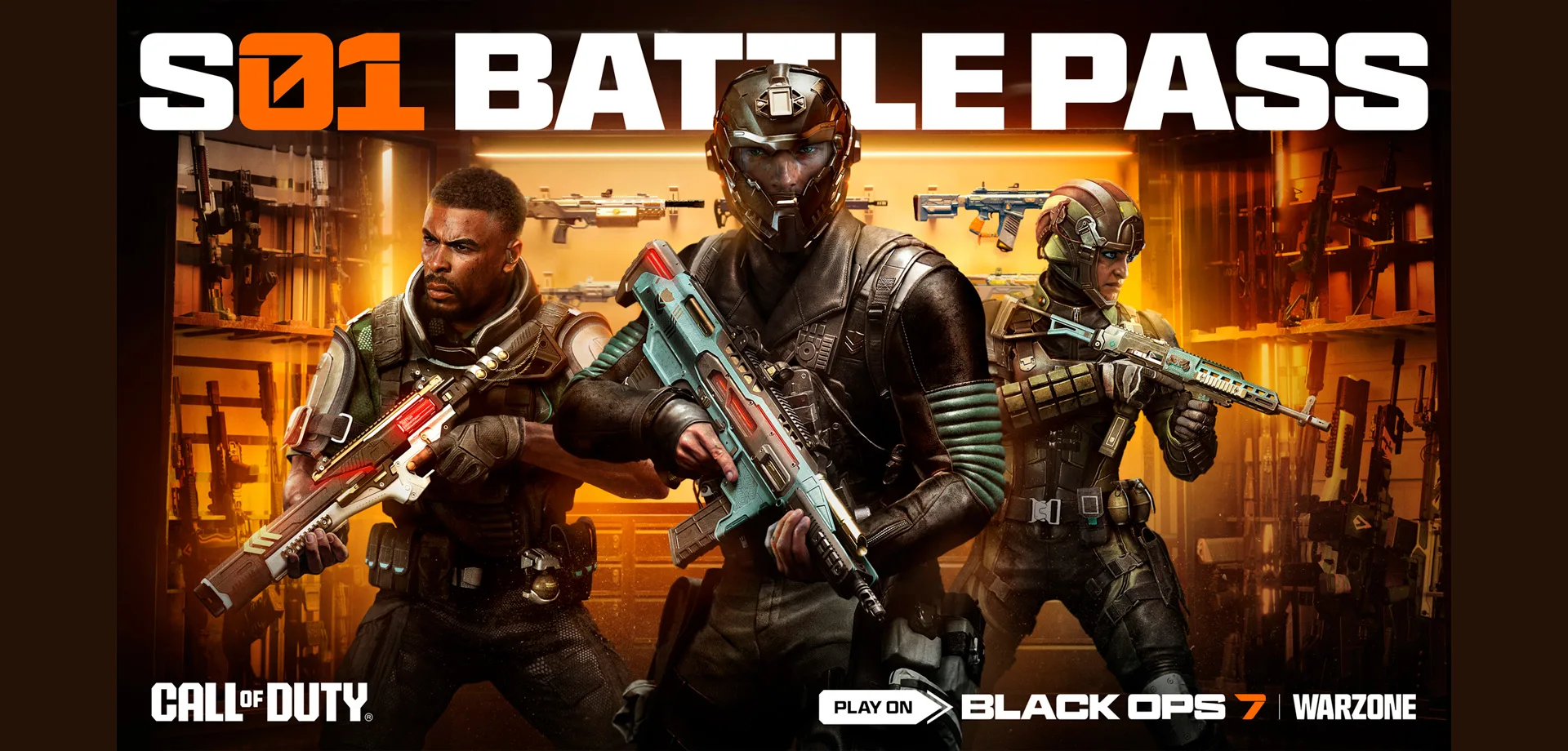 3 Operadores de Call of Duty: Black Ops 7 no estilo futurista em frente a um arsenal de armas e a menção ao Passe de Batalha e a Temporada 1.