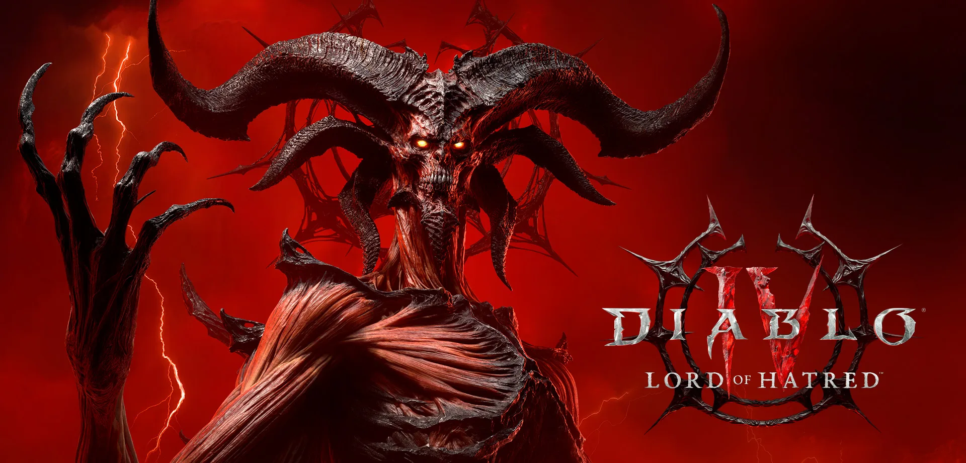 Mephisto e a logo de Diablo IV Lord of Hatred em um fundo vermelho e preto.