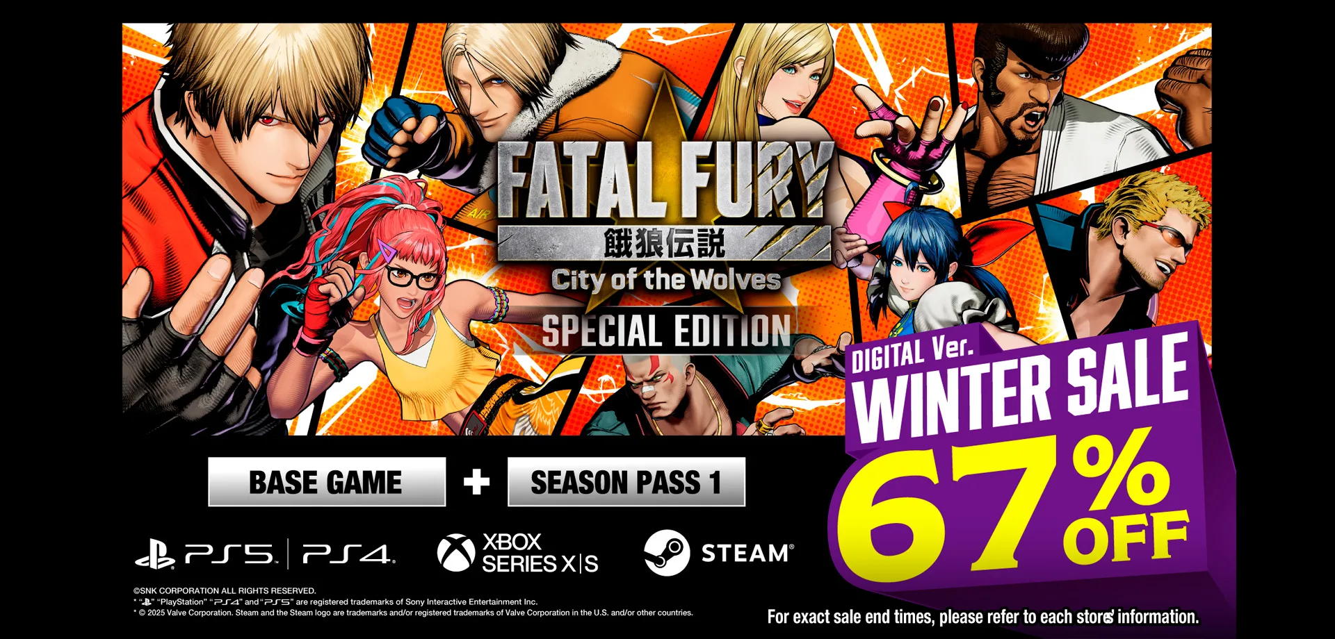 Capa com vários personagens de Fatal Fury City of the Wolves e sua edição especial, logo ao lado mostrando a versão digital com 67% de desconto durante as vendas de inverno (Hemisfério norte).