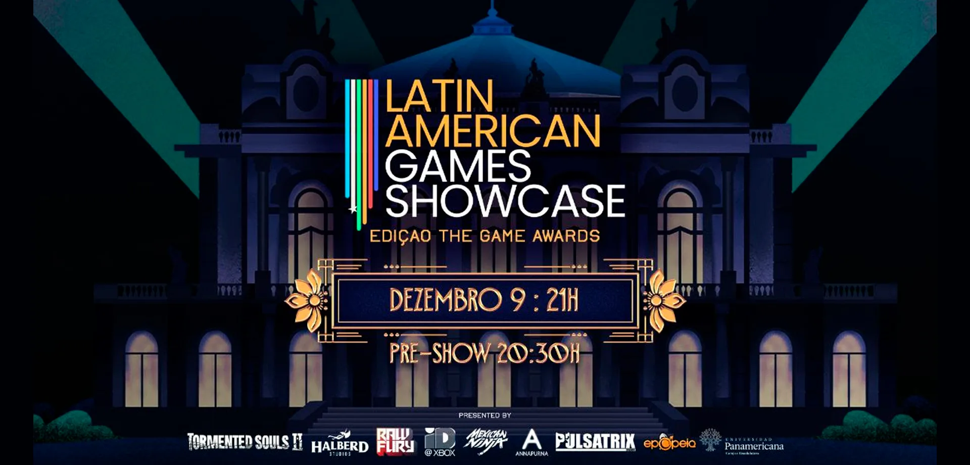 Imagem mostrando logo da Latin American Games Showcase Edição The Game Awards com a data de 9 de Dezembro as 21 horas. Ao fundo imagem de um palacete estilizado, à noite iluminado por luzes internas e holofotes externos.