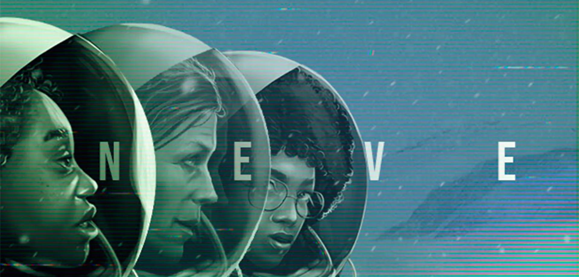 Capitã Jasmina e suas duas tripulantes, Hilas e Atalanta com capacetes de astronauta em fundo azul acinzentado e pequenos flocos de neve, Além do nome NEVE em destaque.