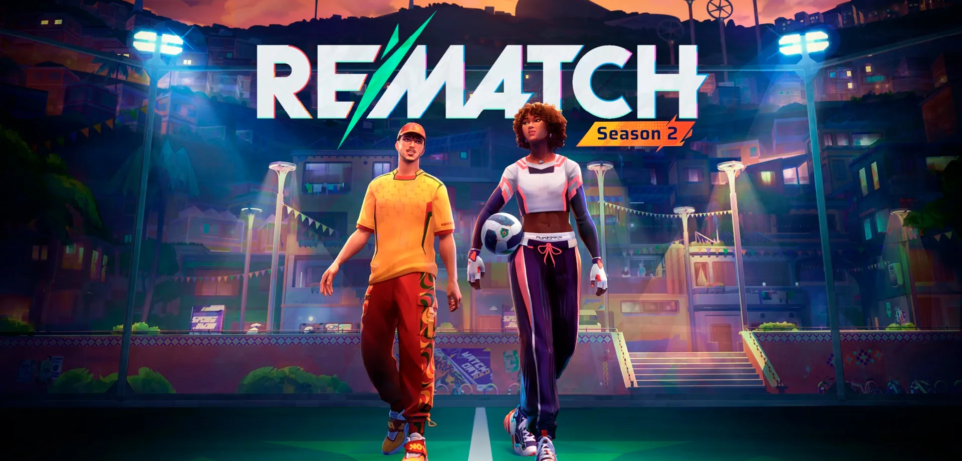 Um homem e uma mulher com roupas de esportistas caminhando em um campo de futebol de bairro, a logo de Rematch Temporada 2 está logo acima dos dois.