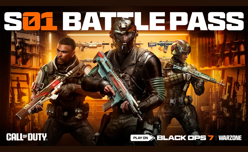 3 Operadores de Call of Duty: Black Ops 7 no estilo futurista em frente a um arsenal de armas e a menção ao Passe de Batalha e a Temporada 1.
