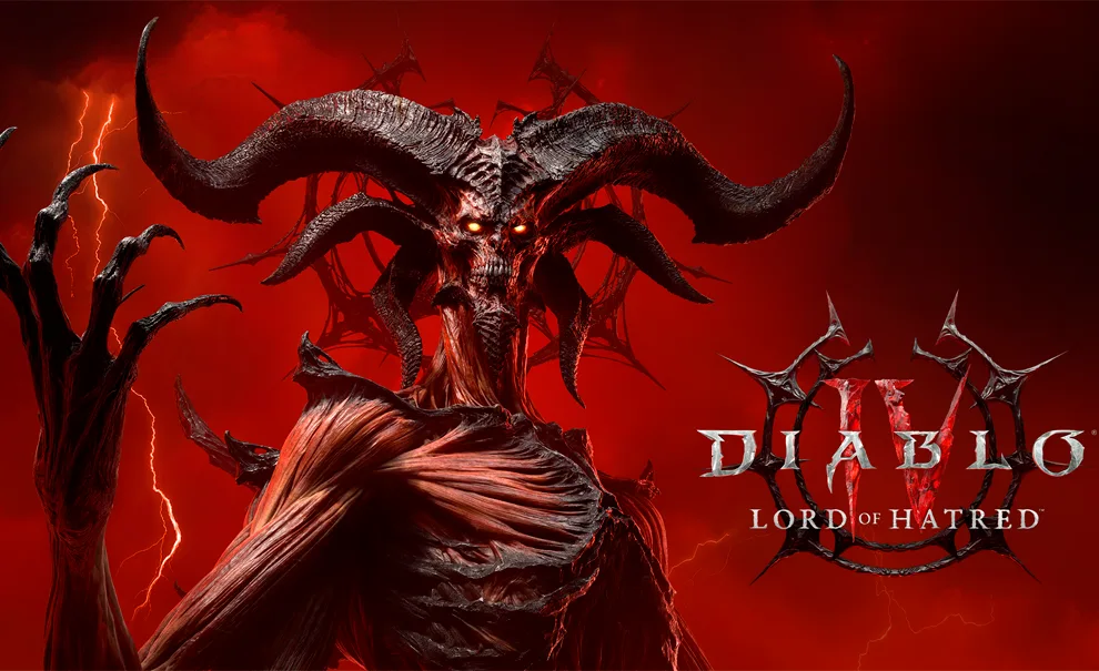 Mephisto e a logo de Diablo IV Lord of Hatred em um fundo vermelho e preto.