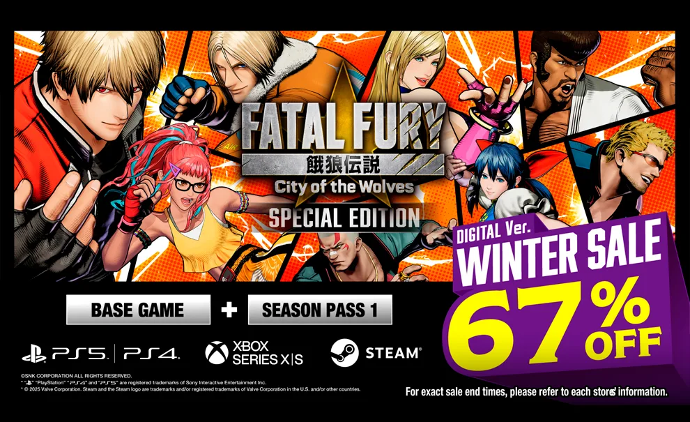 Capa com vários personagens de Fatal Fury City of the Wolves e sua edição especial, logo ao lado mostrando a versão digital com 67% de desconto durante as vendas de inverno (Hemisfério norte).