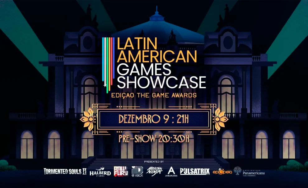 Imagem mostrando logo da Latin American Games Showcase Edição The Game Awards com a data de 9 de Dezembro as 21 horas. Ao fundo imagem de um palacete estilizado, à noite iluminado por luzes internas e holofotes externos.