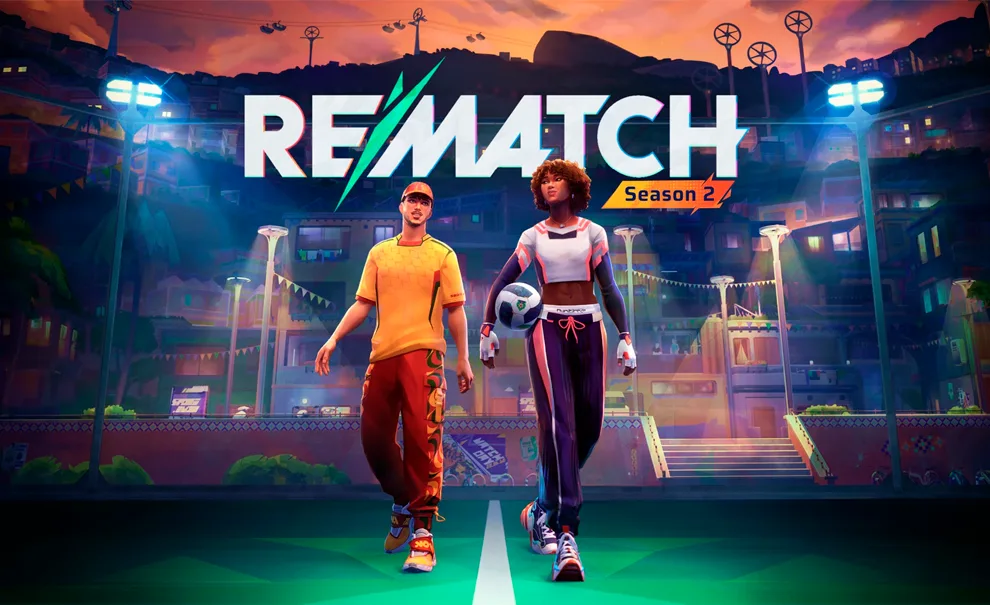 Um homem e uma mulher com roupas de esportistas caminhando em um campo de futebol de bairro, a logo de Rematch Temporada 2 está logo acima dos dois.