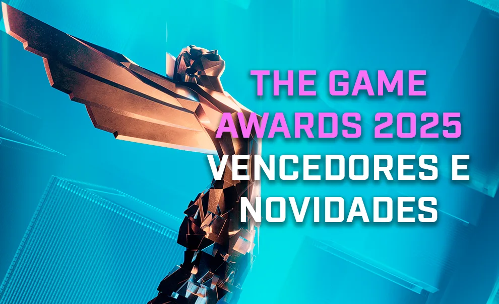 Esátua do The Game Awards 2025 em fundo azul com os dizeres "The Game Awards 2025 Vencedores e Novidades"
