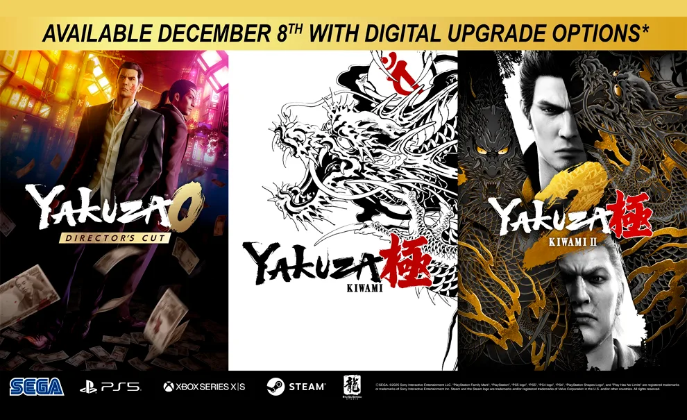 Capa de 3 jogos Yakuza: Yakuza 0 Director's Cut, Yakuza Kiwami e Yakuza Kiwami 2, junto das frase em inglês falando sobre as opções de atualização digital válidas em 8 de dezembro de 2025. Junto das logos da SEGA, Playstation, Xbox, Steam e Ryu Ga Gotoku.