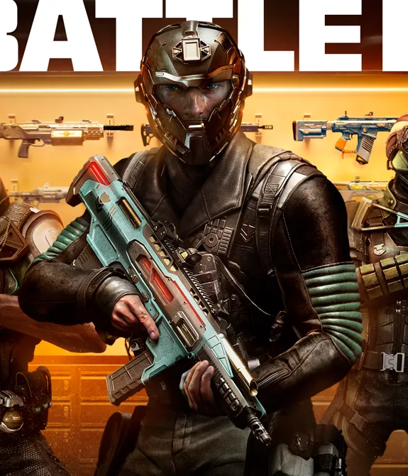 3 Operadores de Call of Duty: Black Ops 7 no estilo futurista em frente a um arsenal de armas e a menção ao Passe de Batalha e a Temporada 1.